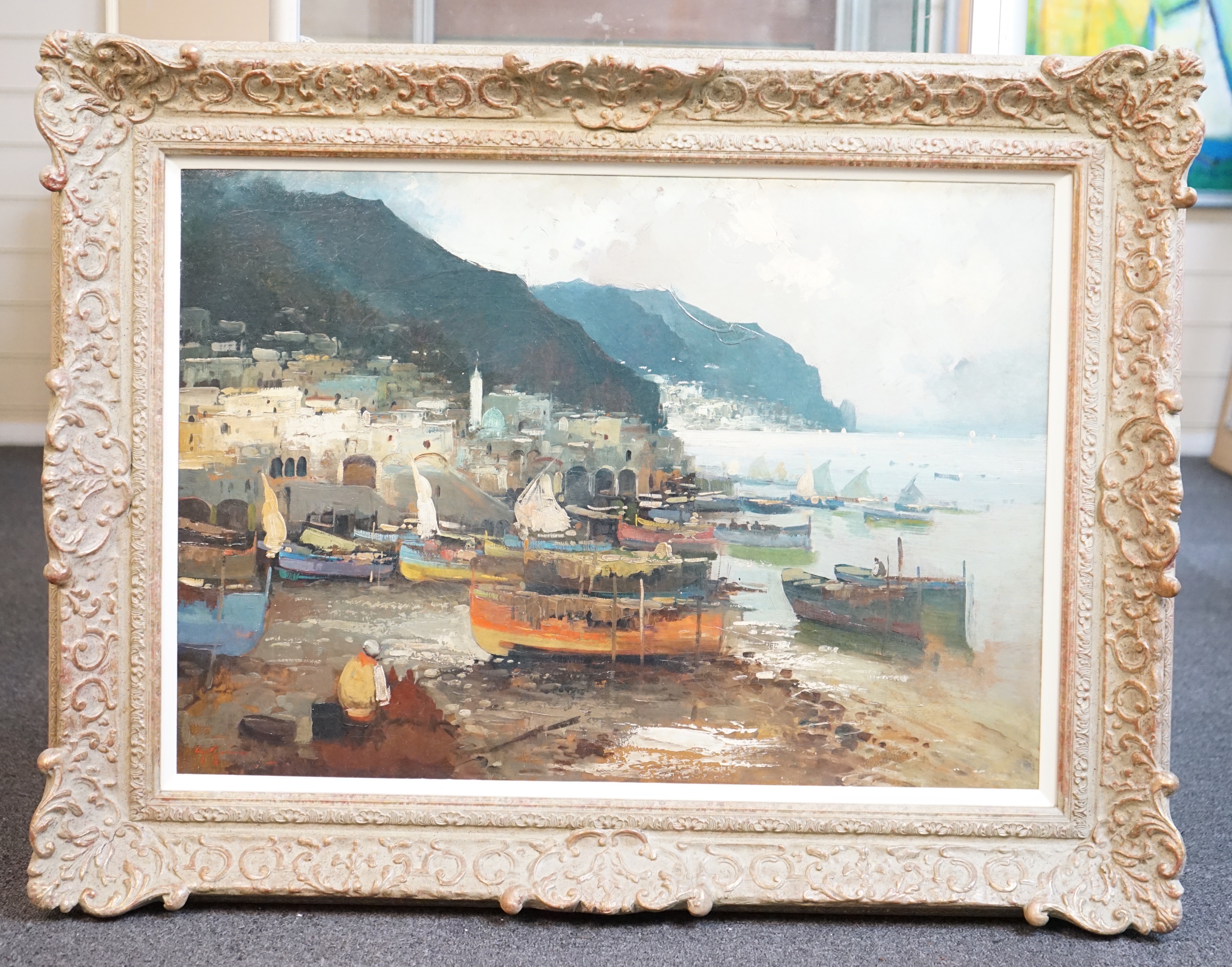 Italian School, oil on canvas, View along the Amalfi coast, indistinctly signed, 48 x 69cm